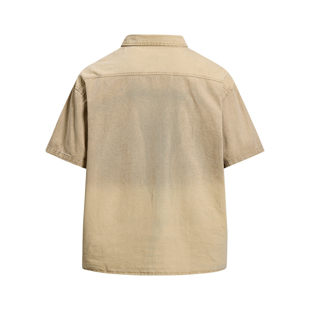 Mafa Vintage Racing Embroidered Short Sleeve Shirt – Washed Khaki Workwear Style