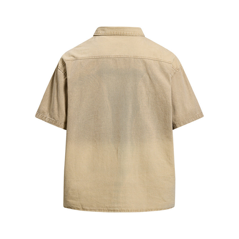 Mafa Vintage Racing Embroidered Short Sleeve Shirt – Washed Khaki Workwear Style