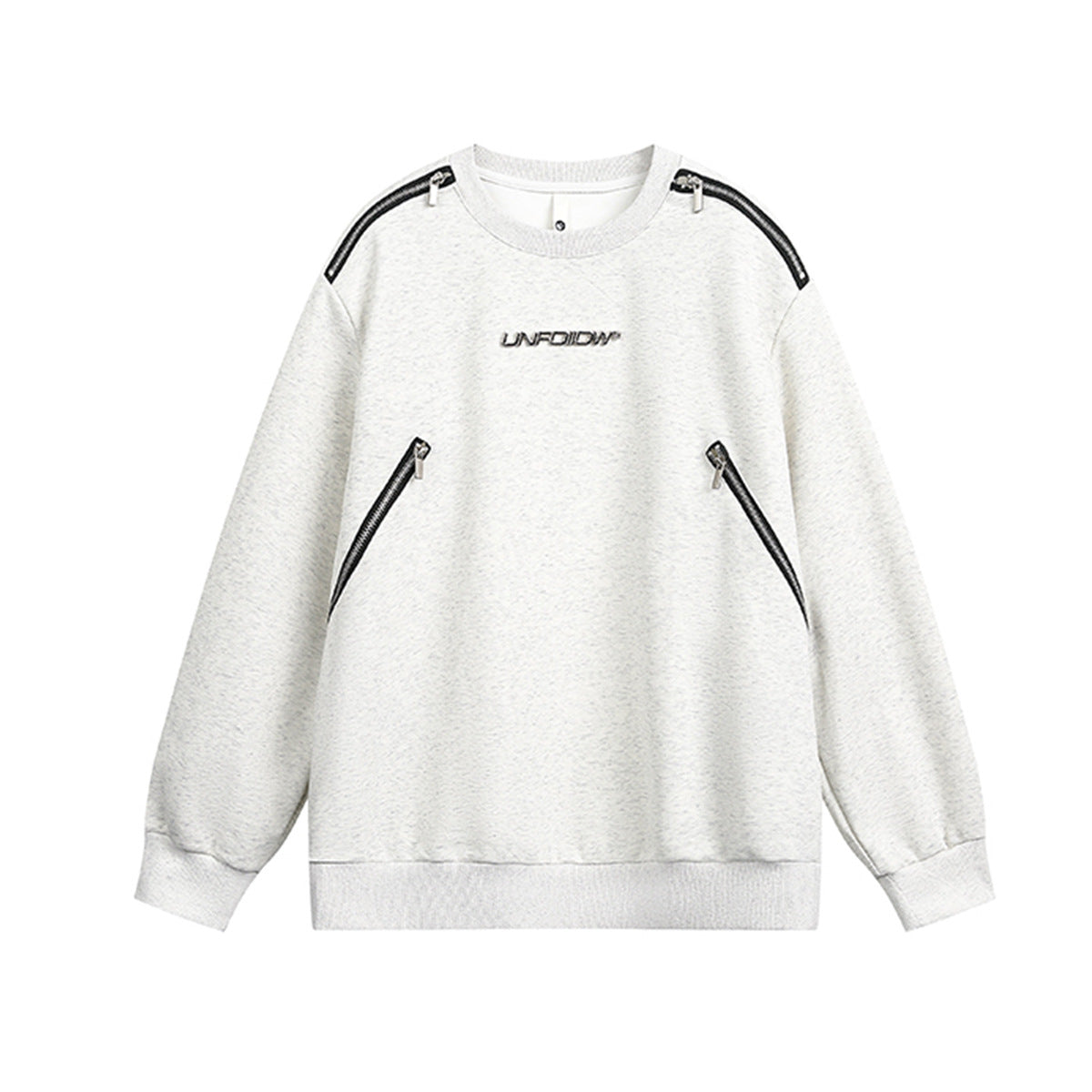 Sweat-shirt à col rond d’inspiration motard, avec bande zippée aux épaules et deux poches poitrine zippées en diagonale, gris clair