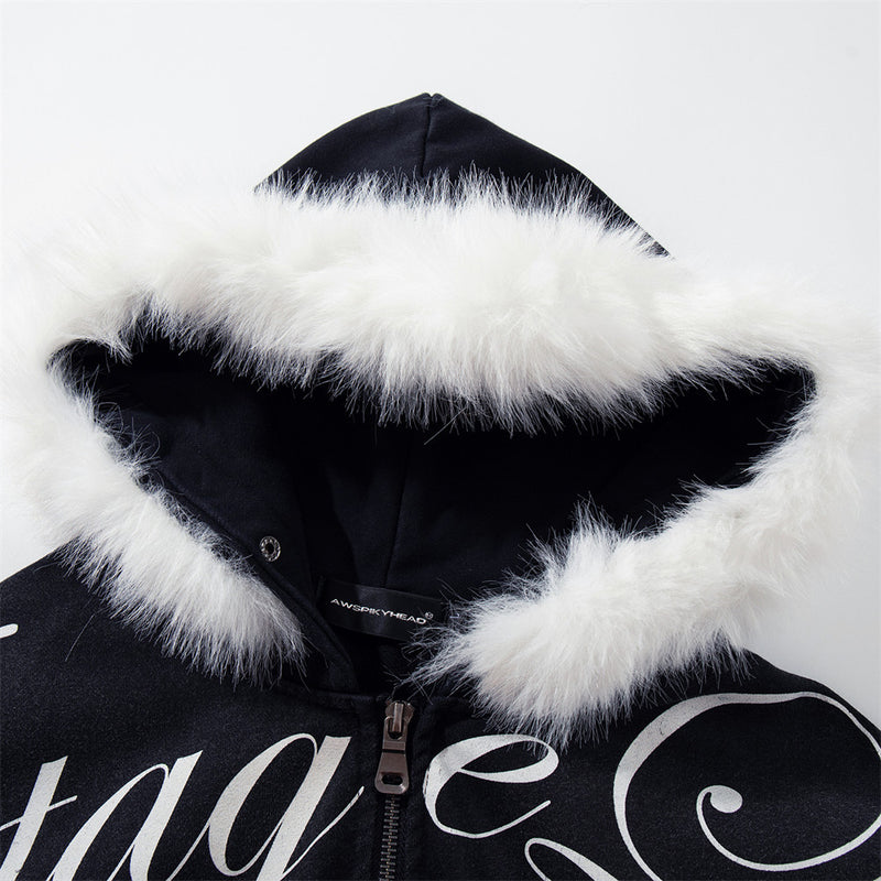 Men's Cropped Zip-Up Hoodie – Black Graphic Script with Detachable Faux Fur Hood