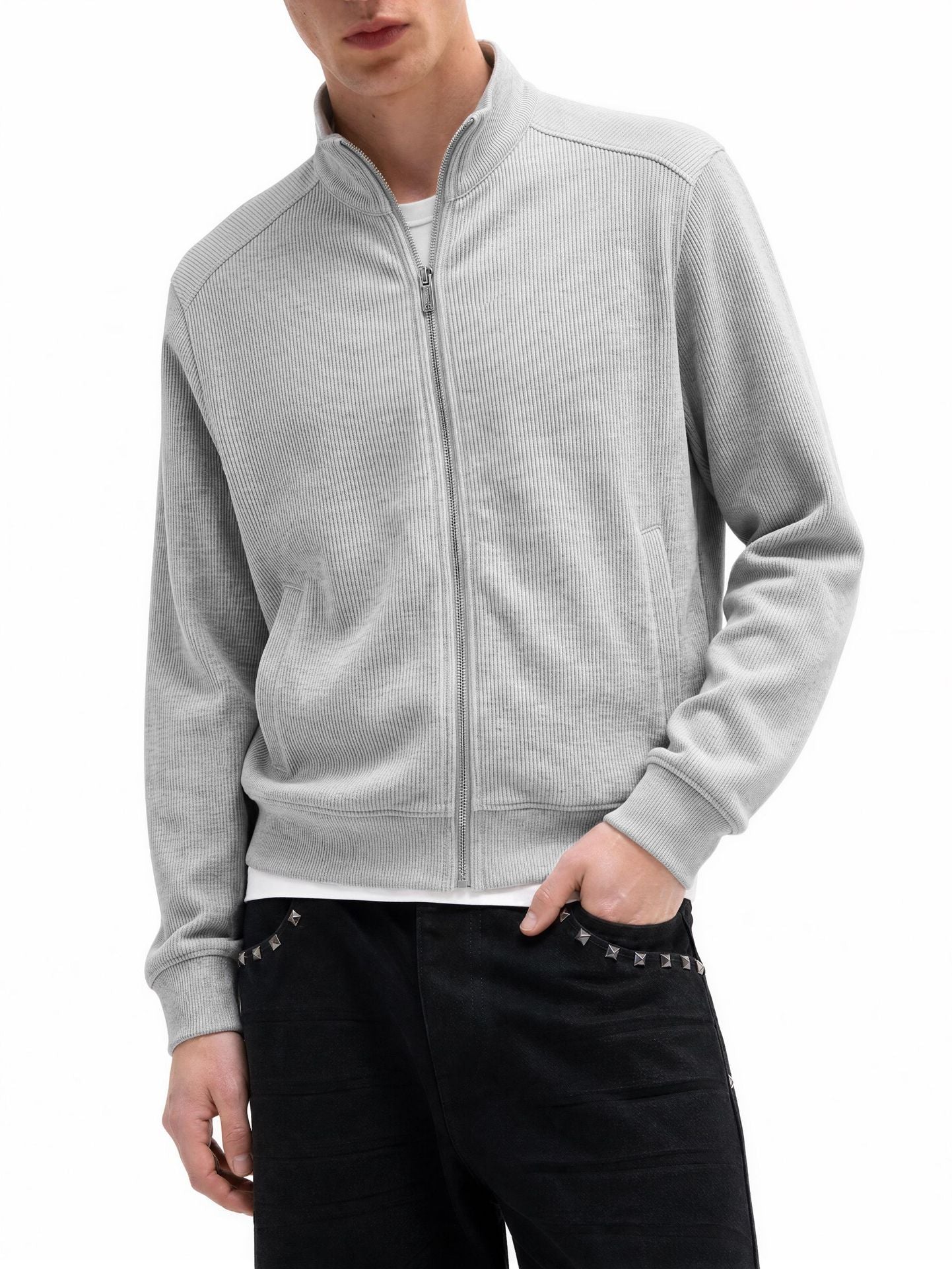 Veste homme côtelée zippée à col montant – Style sportswear vintage délavé