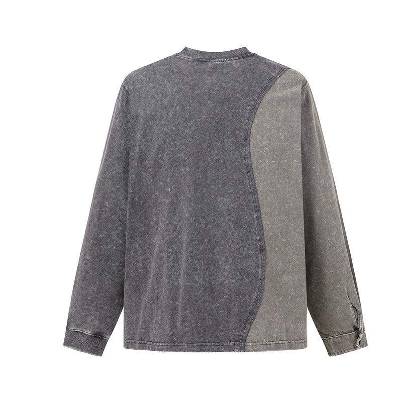 Acid Wash Colorblock Long Sleeve Sweatshirt with Cargo Pockets