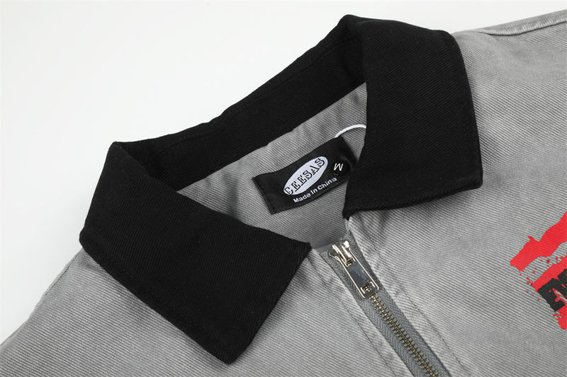 Herren Bomberjacke aus grauem Canvas im Workwear-Stil mit Grafikprints
