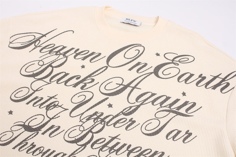Gothic Script Print Long Sleeve Crewneck Tee – Oversized Waffle Knit Streetwear