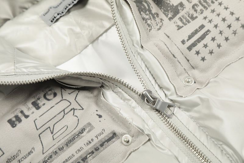 Blouson bomber matelassé court à col en fourrure – Manteau d’hiver à capuche et écussons graphiques