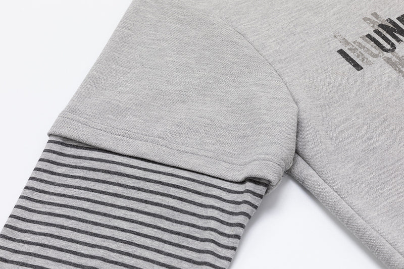 Faux Two-Piece Polo Sweatshirt with Striped Sleeves and Letter Print — Grey