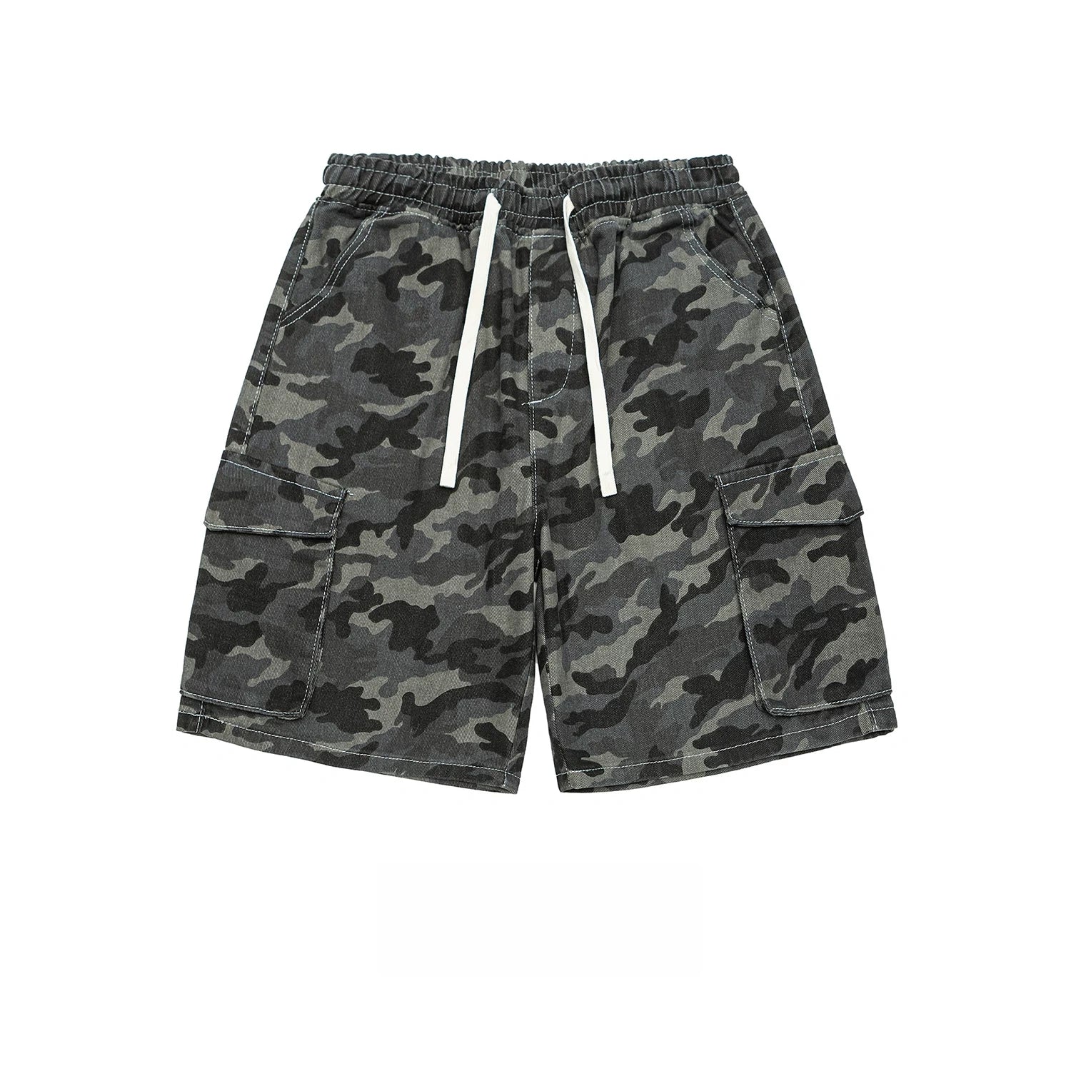 Men's dark grey and black woodland camo cargo shorts with elastic drawstring waist and oversized flap pockets on a white background