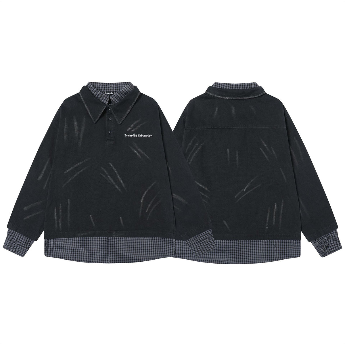 Men's Washed Faux Two-Piece Polo Sweatshirt – Black Distressed Layered Top