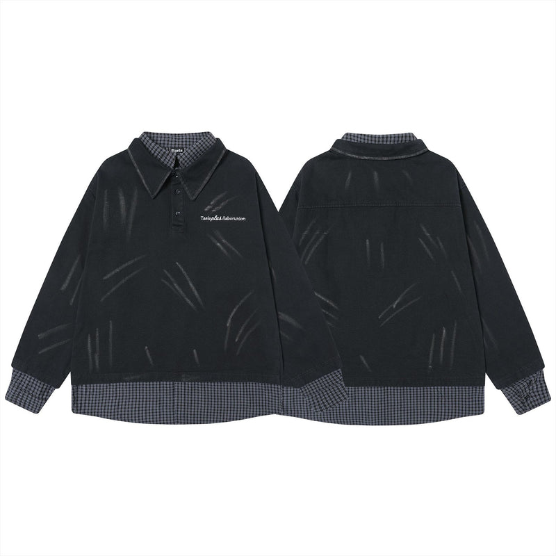 Men's Washed Faux Two-Piece Polo Sweatshirt – Black Distressed Layered Top
