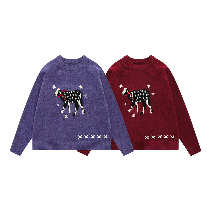 Christmas Lamb Jacquard Knit Sweater – Crew Neck Vintage Novelty Pullover