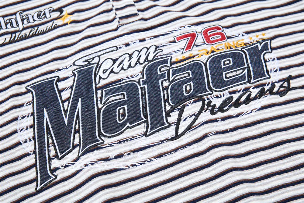 American Vintage Striped Polo Shirt – Mafaer Racing Embroidered Short Sleeve