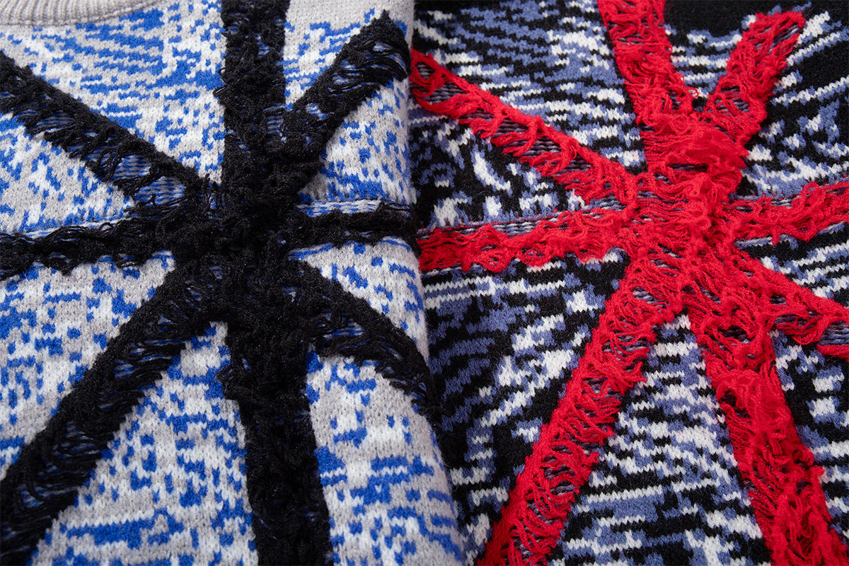 Union Jack Jacquard Knit Sweater – Oversized Crew Neck with Distressed Hem