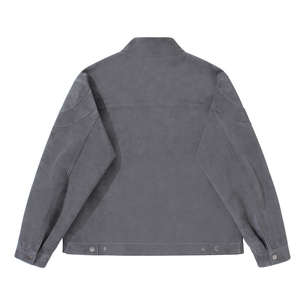 Men's Moto-Style Stand Collar PU Suede Jacket – Oversized Fit