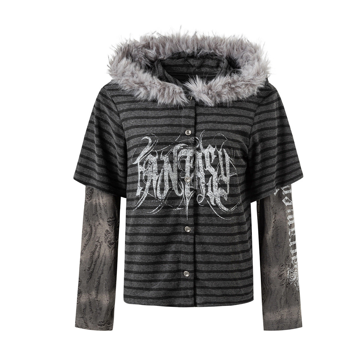 Gilet rayé à capuche bordée de fausse fourrure avec manches graphiques effet superposé