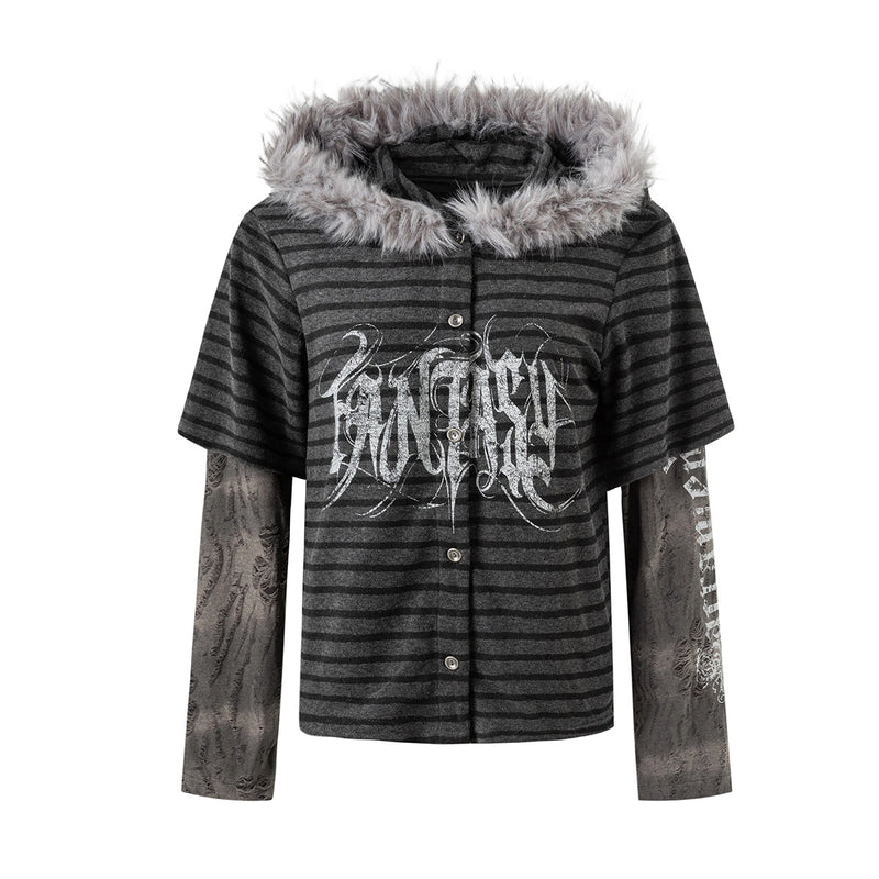 Gilet rayé à capuche bordée de fausse fourrure avec manches graphiques effet superposé