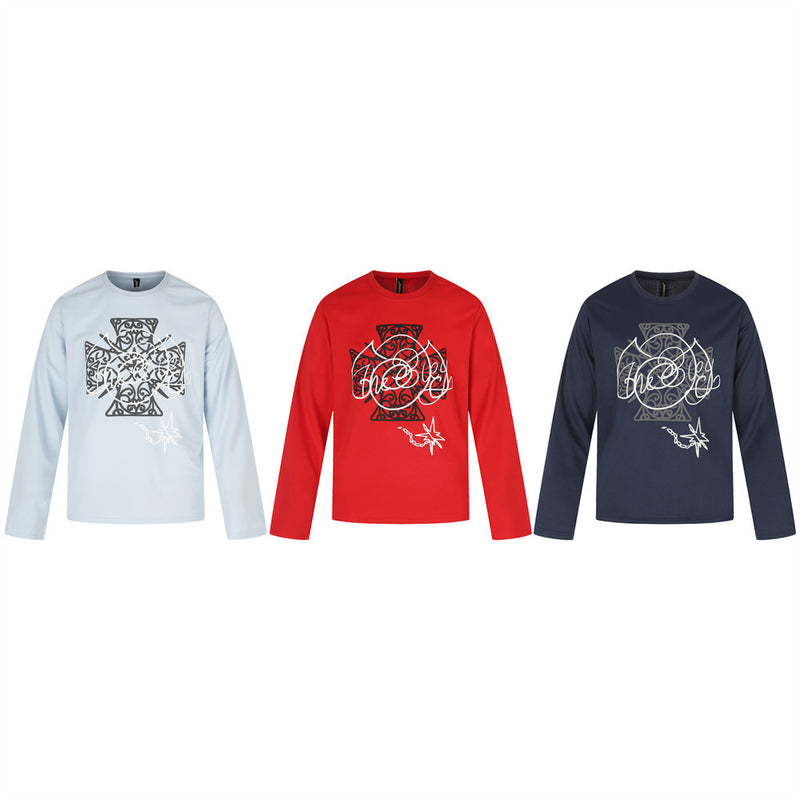 Three long sleeve crew neck tees in light blue, red, and navy with Celtic cross graphic print