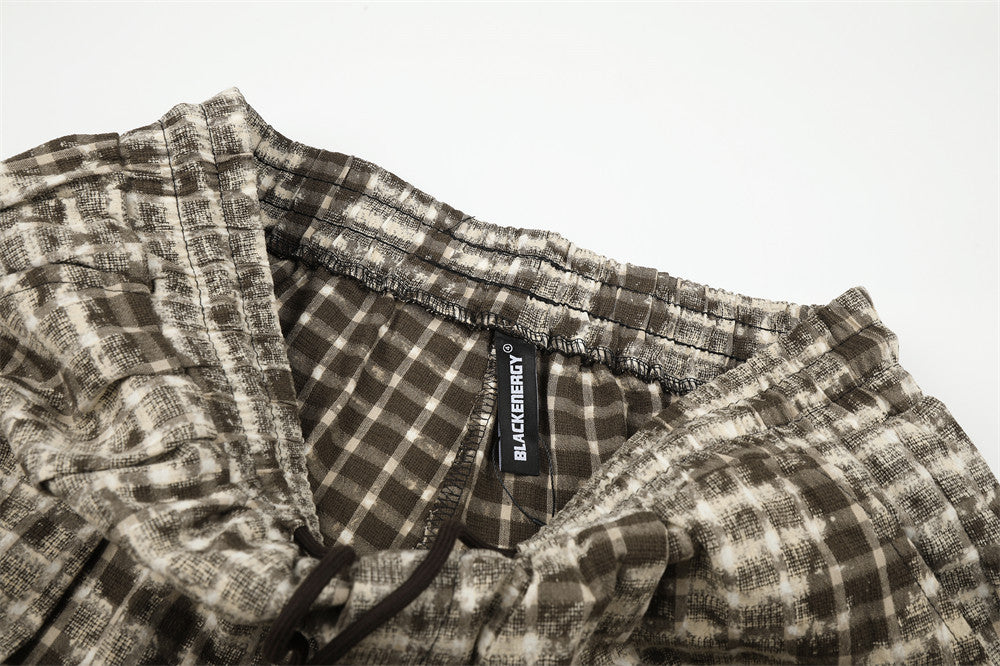 Brown Plaid Wide-Leg Pants – Distressed Tie-Dye Vintage Loose Straight Trousers