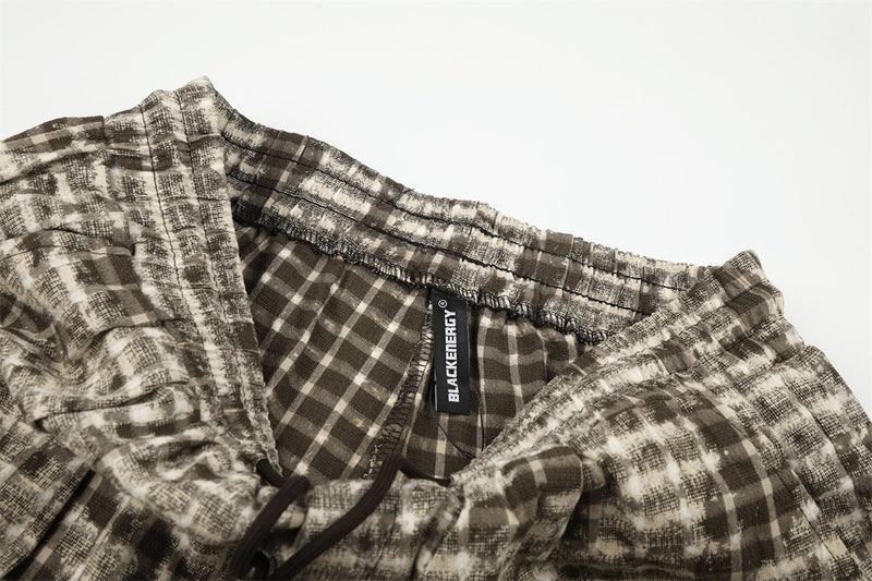 Brown Plaid Wide-Leg Pants – Distressed Tie-Dye Vintage Loose Straight Trousers