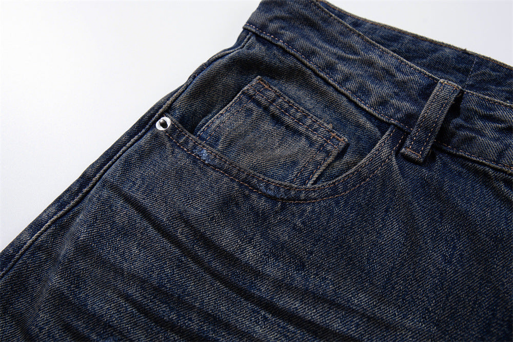Wide-Leg Ripped Jeans – Vintage Washed Distressed Denim with Studded Patches