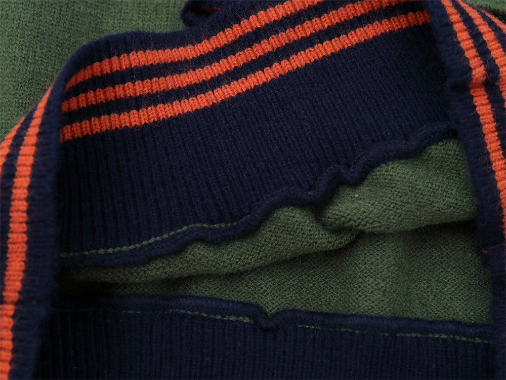 Mens Crew Neck Sweater with Faux Sailor Shawl Striped Knit Pullover