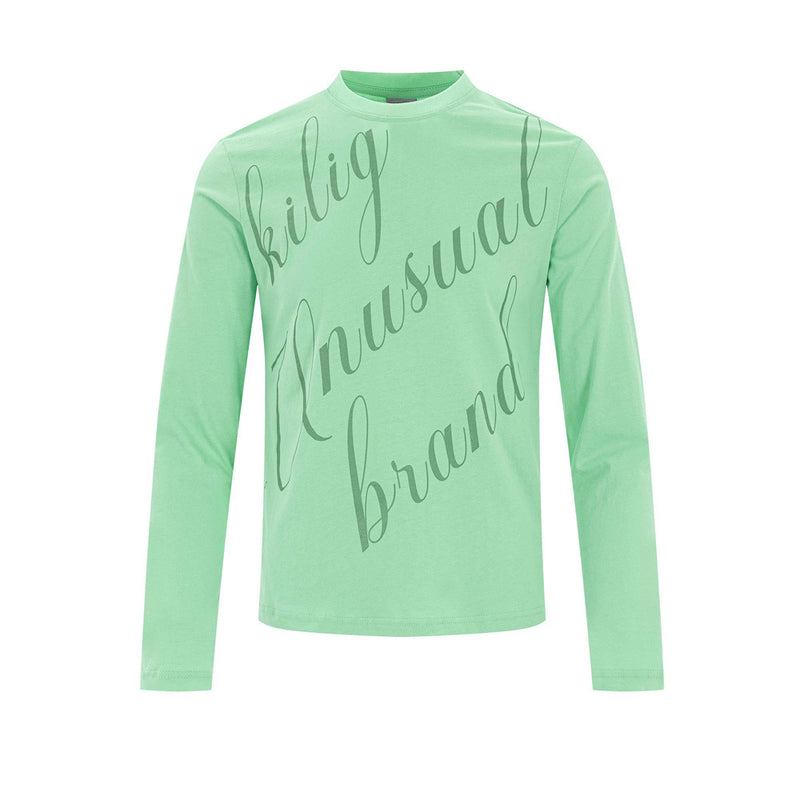 Men's long sleeve relaxed fit script graphic t-shirt in mint green with diagonal cursive print