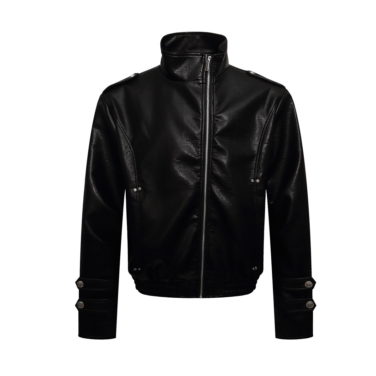 Black PU Leather Moto Jacket – Zip-Up Bomber with Stand Collar & Silver Hardware