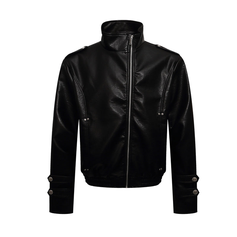 Black PU Leather Moto Jacket – Zip-Up Bomber with Stand Collar & Silver Hardware