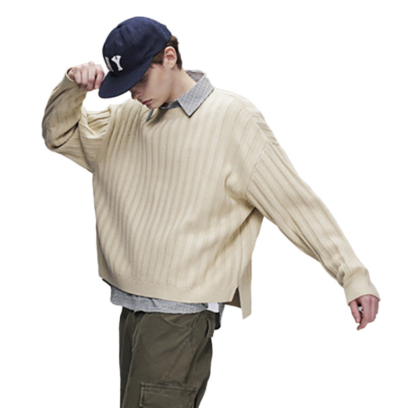 Ribbed Knit Crewneck Sweater — Oversized Fit, Solid Color