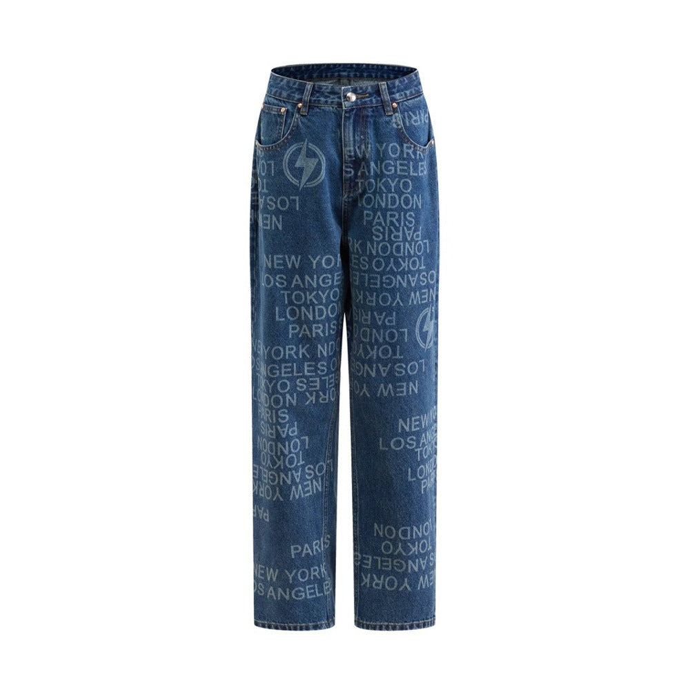 Men's Wide Straight-Leg Jeans – Allover City Names & Lightning Bolt Print