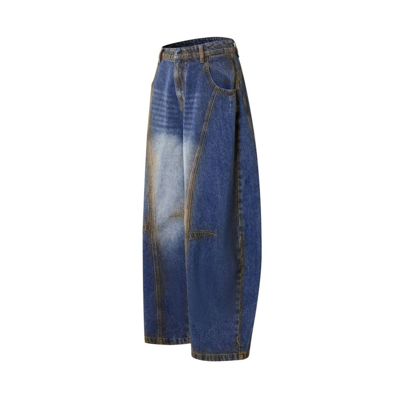 Baggy Wide-Leg Jeans – Deconstructed Patchwork Scimitar Seam, Vintage Wash with