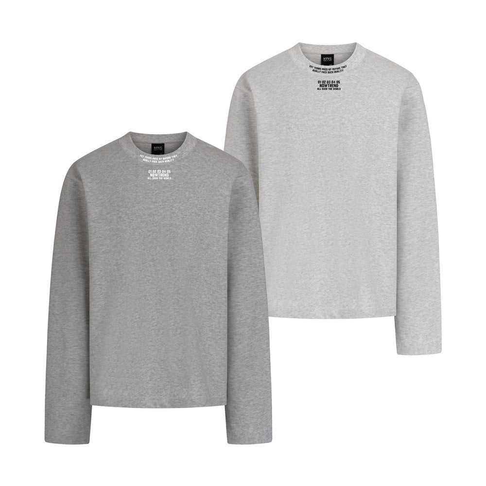Langarm-T-Shirt mit Rundhalsausschnitt – minimalistischer Schriftprint, meliertes Grau