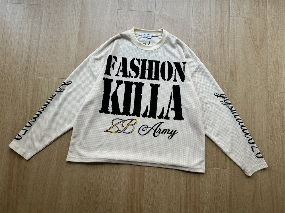 Fashion Killa Oversized Long Sleeve Graphic Tee – Waffle Knit Streetwear Top