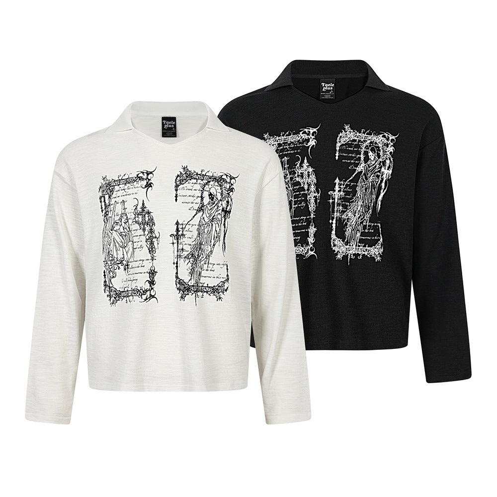 Gothic angel and reaper dual-panel graphic long-sleeve polo collar tee in black and white colorways