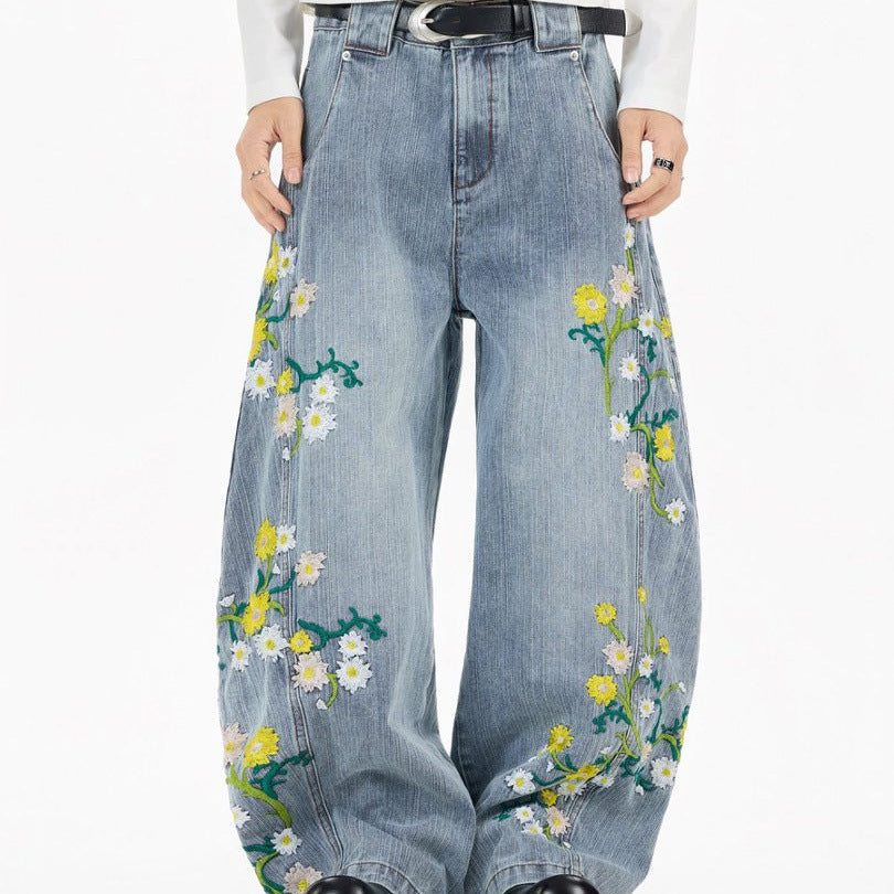 Floral Embroidered Wide-Leg Jeans – Men's Barrel Fit Washed Denim