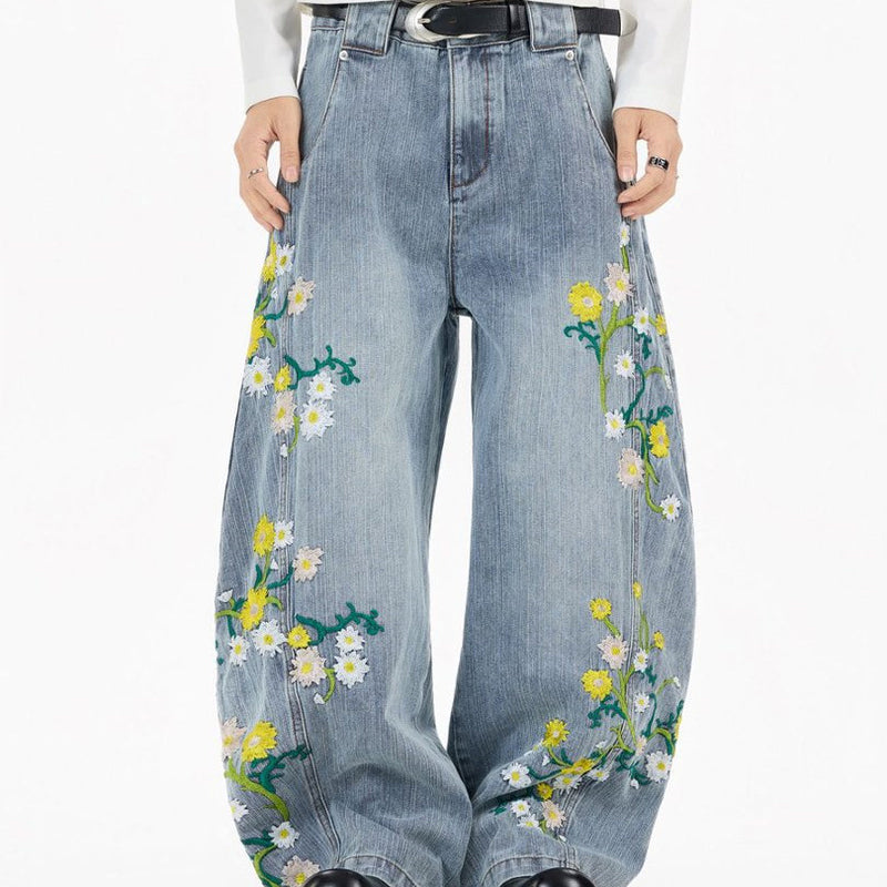 Floral Embroidered Wide-Leg Jeans – Men's Barrel Fit Washed Denim