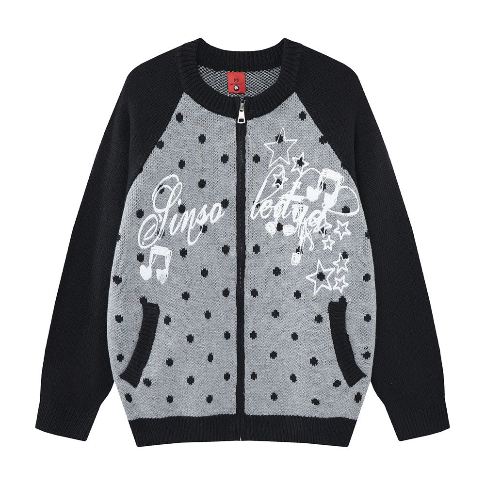 Colorblock Raglan Zip-Up Knit Cardigan – Polka Dot Star Graphic Sweater
