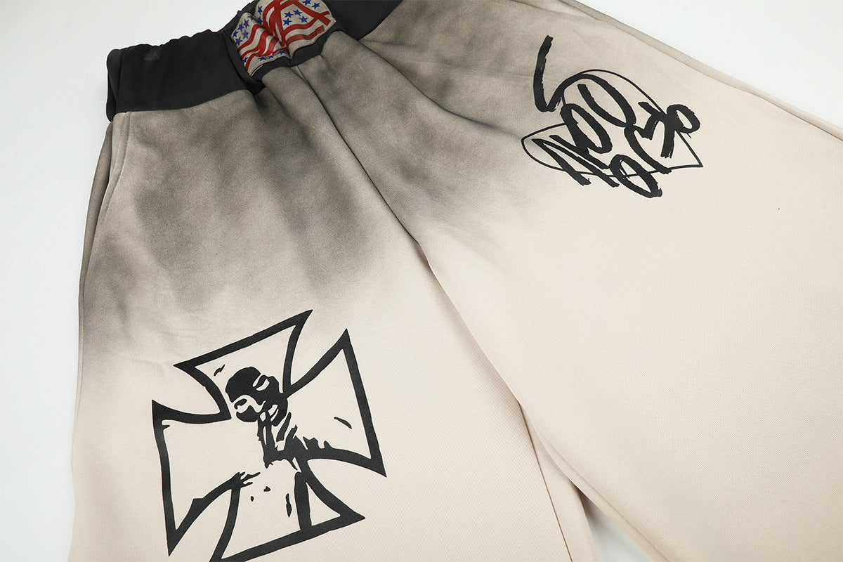 Wide-Leg Sweatpants with Iron Cross Graffiti Print – Washed Streetwear Baggy