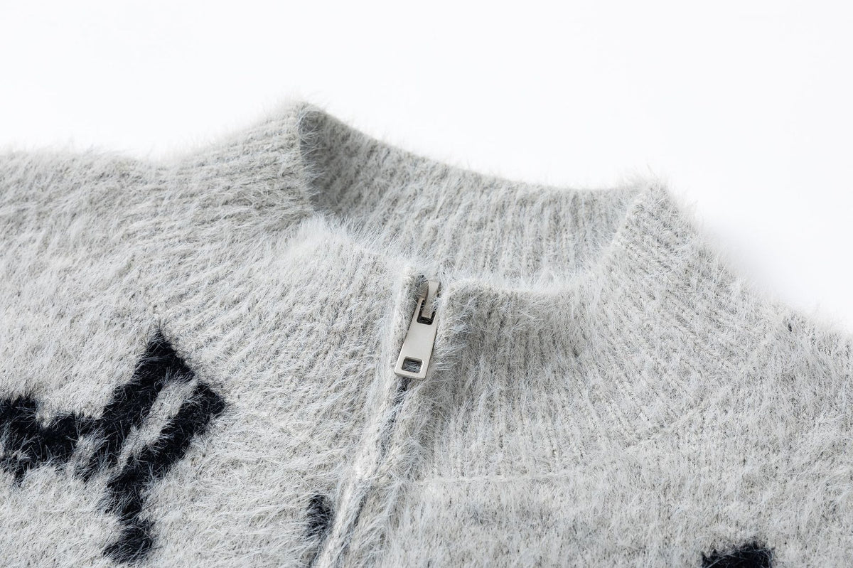 Veste-pull zippée en maille à imprimé abstrait – cardigan gris effet fourrure