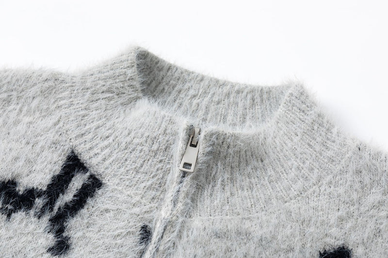 Veste-pull zippée en maille à imprimé abstrait – cardigan gris effet fourrure