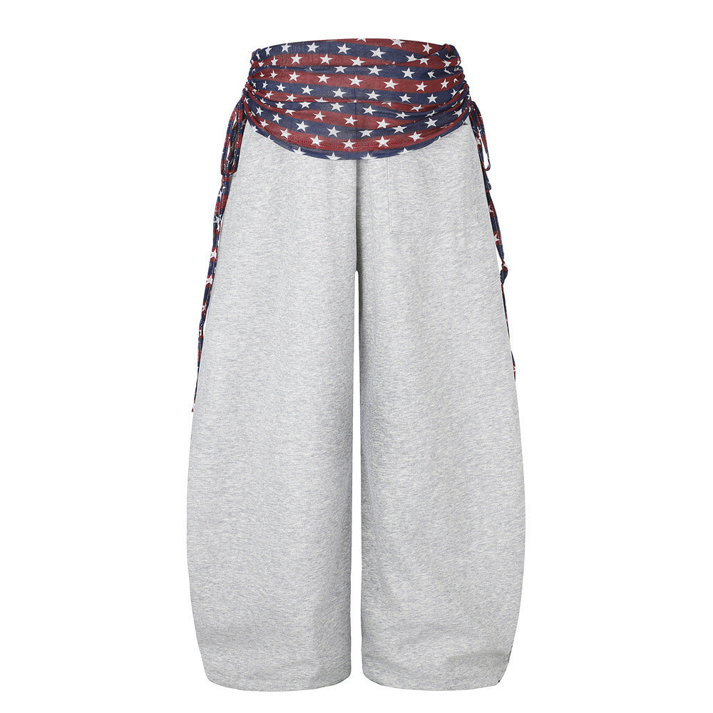 Wide-Leg Star & Stripe Waistband Pants with Side Drawstring Detail