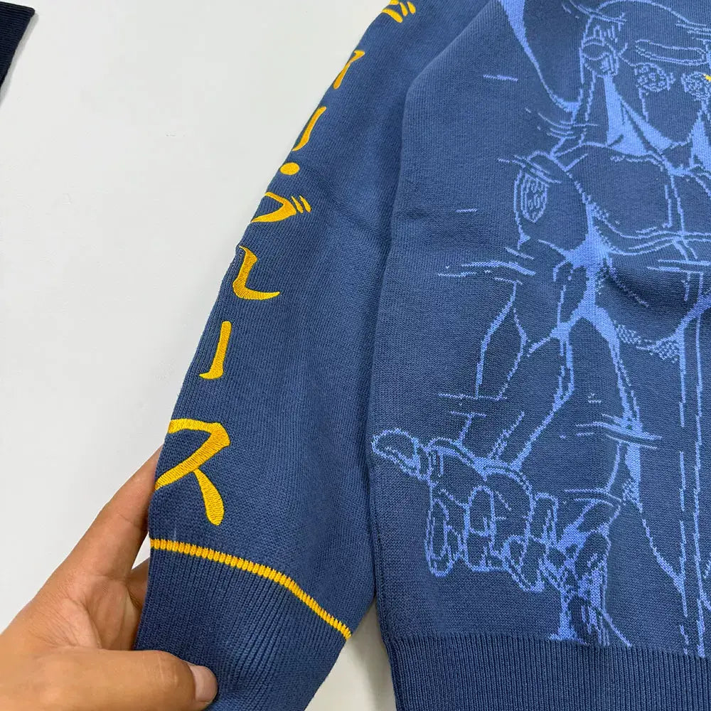Anime Jacquard Knit Crewneck Sweater Blue Gold Lace-Up Back Graphic