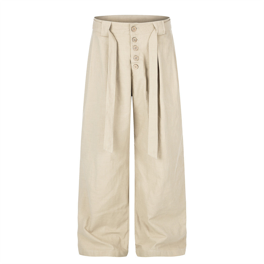 Beige wide-leg pleated trousers with button fly and self-tie belt, front and back views