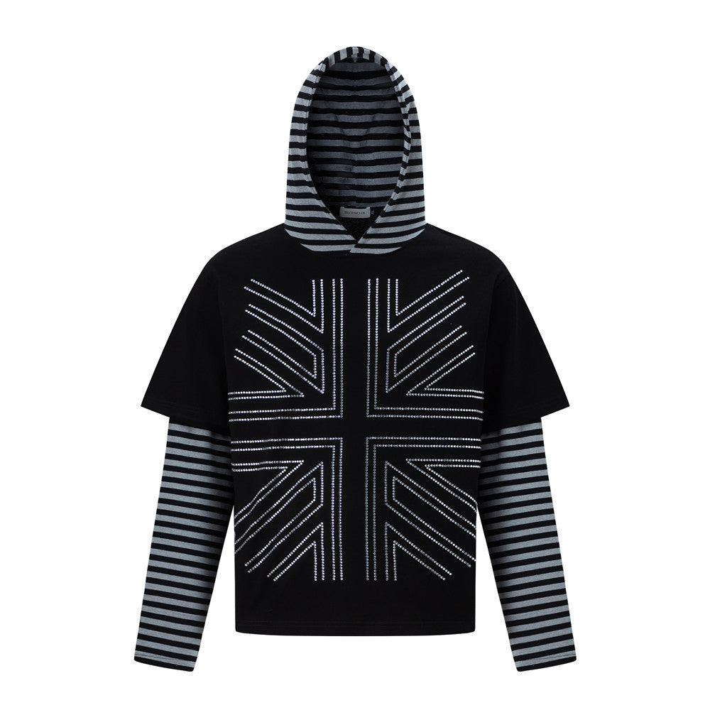 Black faux layered long sleeve hoodie t-shirt with rhinestone Union Jack graphic on chest and black-grey striped sleeves and
