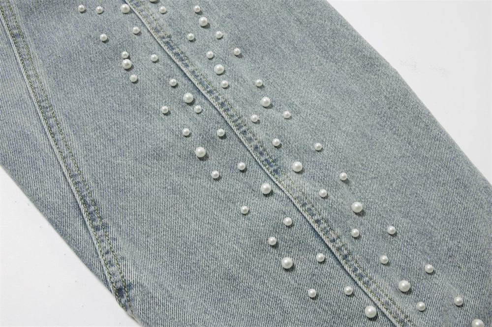 Pearl-Studded Wide-Leg Denim Cargo Jeans – Vintage Washed Scimitar Cut