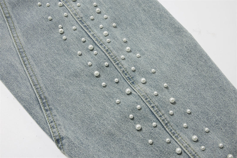 Pearl-Studded Wide-Leg Denim Cargo Jeans – Vintage Washed Scimitar Cut
