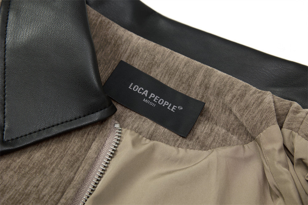 Blouson bomber homme en velours, col en similicuir et grandes poches