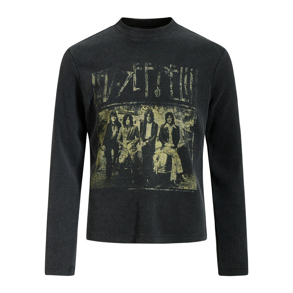 Men's washed black waffle-knit long sleeve shirt with vintage Led Zeppelin band graphic print on chest