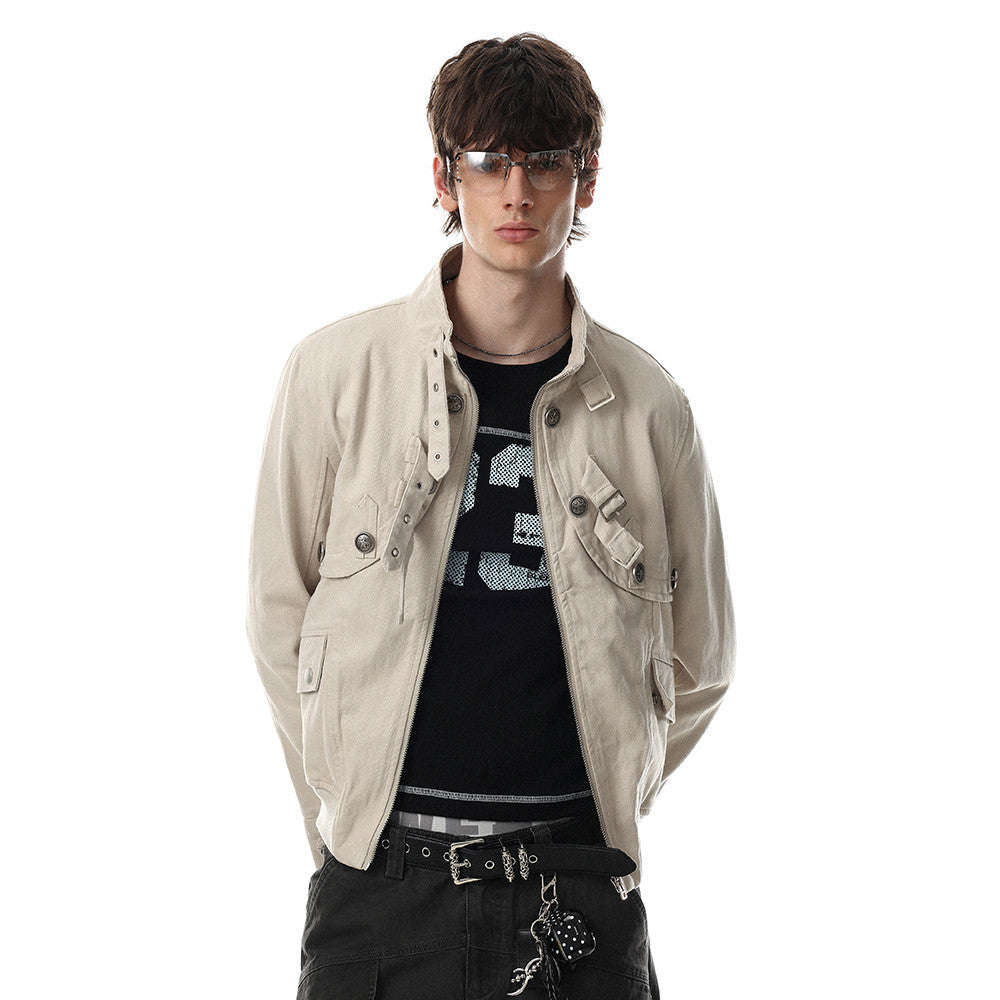 Men's Military-Inspired Short Jacket with Stand Collar, Buckle Straps & Button