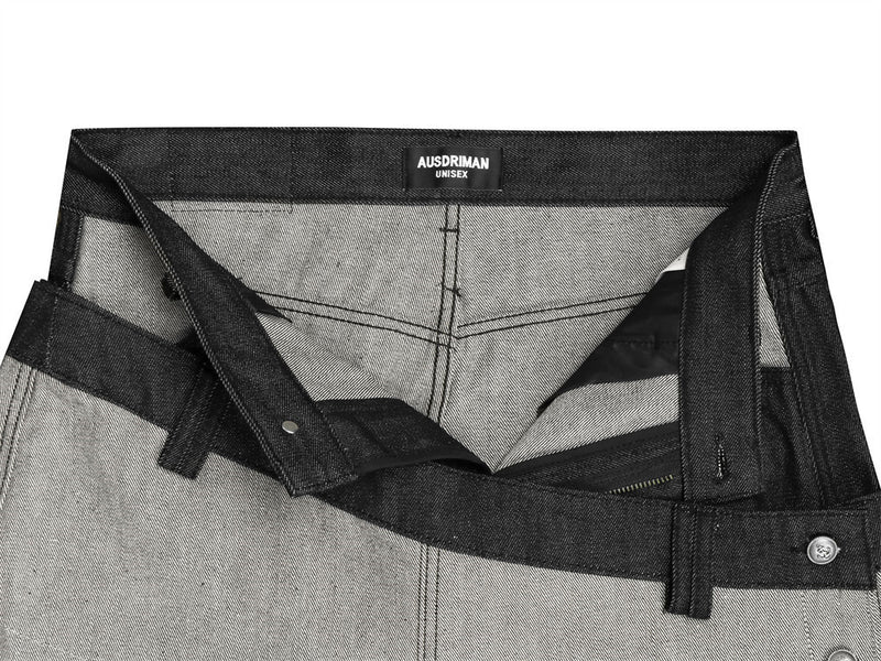 Wide-Leg-Jeans mit zweifarbigem Doppelbund – Script-Stickerei und geschwungener Saum
