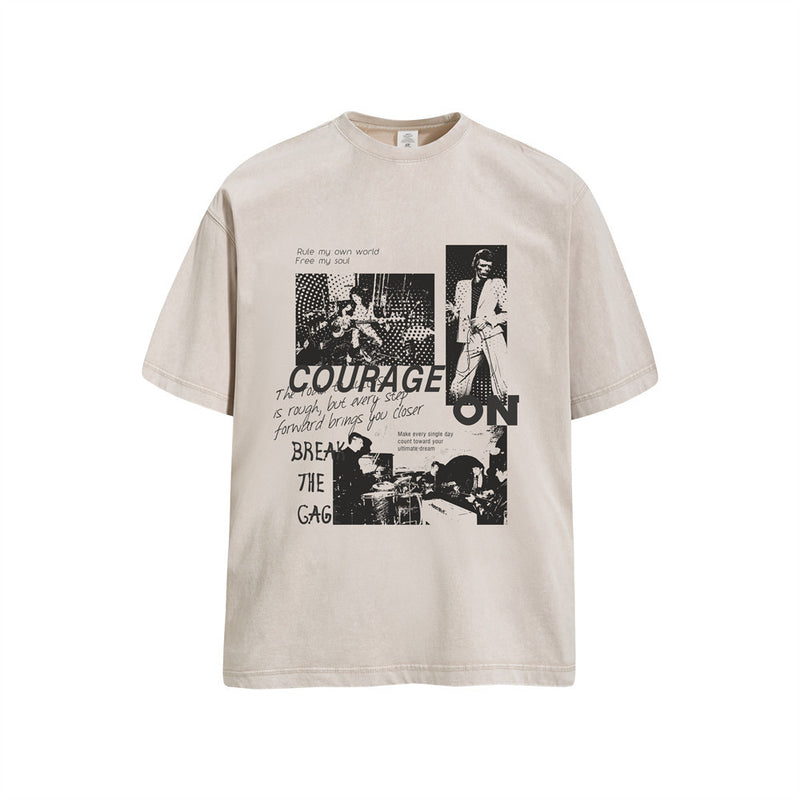 Oversized vintage washed graphic tee with music collage print in sand beige, olive green, and light blue colorways